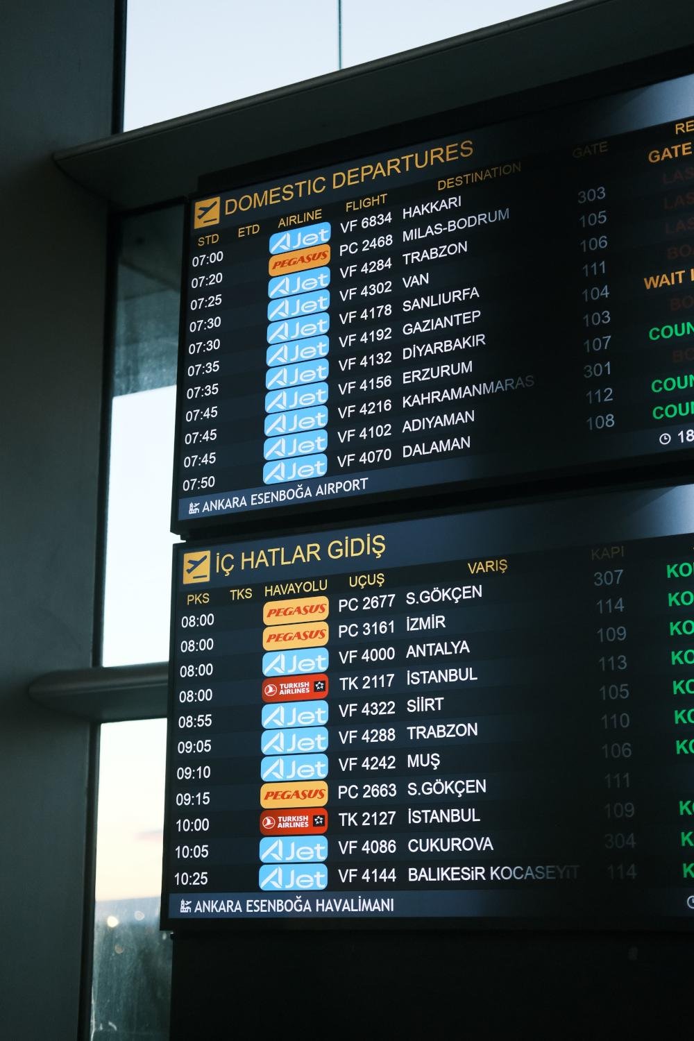Domestic departures board at Ankara Esenboğa Airport showing flight options for travelling to Kalkan.