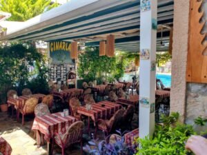 Shaded garden‑style restaurant in Kaş with red patterned tablecloths, cushioned chairs and lush greenery.